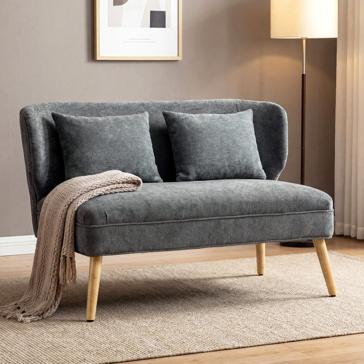 2-personers sofa, lille chenillesofa med ryglæn, tykt sæde, gummitræfødder, grå