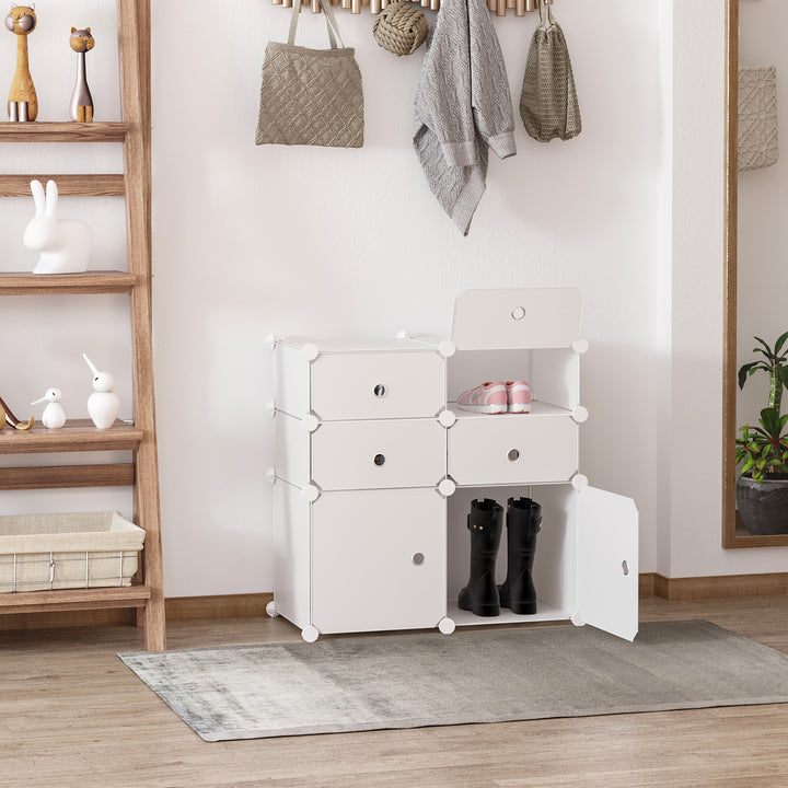 Skoskab, hylde med opbevaringsbokse, garderobe, plast, stål, hvid, 75 x 37 x 73 cm