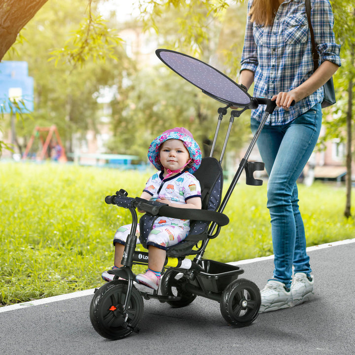 6-I-1 børnetrecykel med skubbehåndtag, kaleche, sele, opbevaringskurv, til 1-5 år, mørkeblå