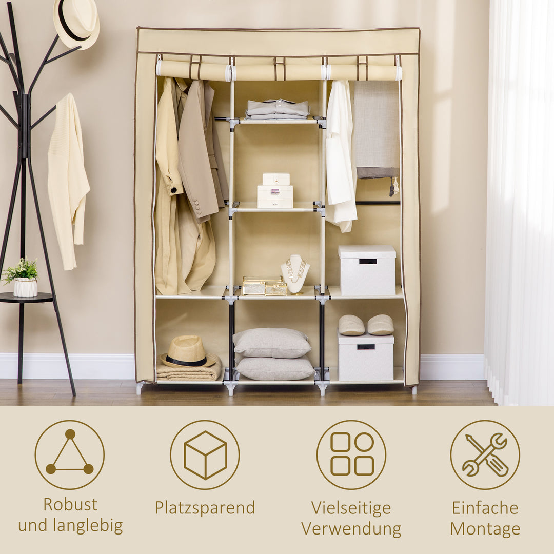Stofgarderobe, opbevaringsløsning, 8 hylder, 2 garderobestativer, beige