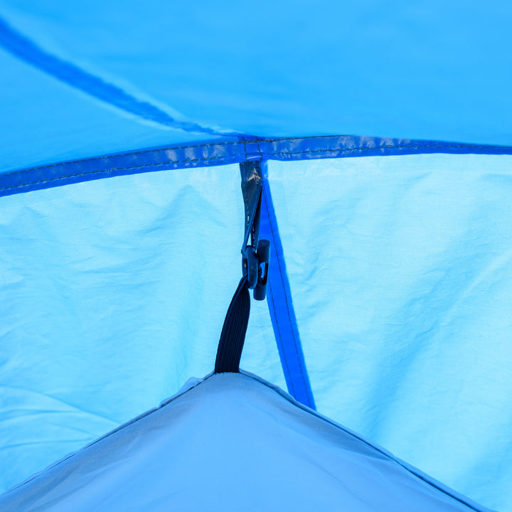 Campingtelt, pop-up-telt til 2-3 personer, forhal og soveområde, vandtæt, 426 x 206 x 154 cm, lyseblå