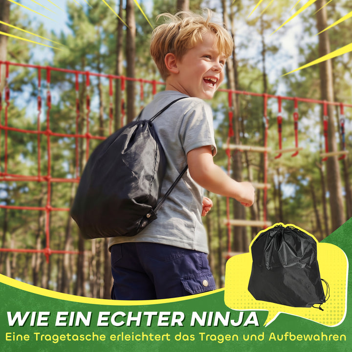 Ninja Line Kids 10m Slackline Sæt med Gymnastikringe, Gynge, Klatrestige, Klatrenet til 3-6 år, 1000x300x180 cm, Rød