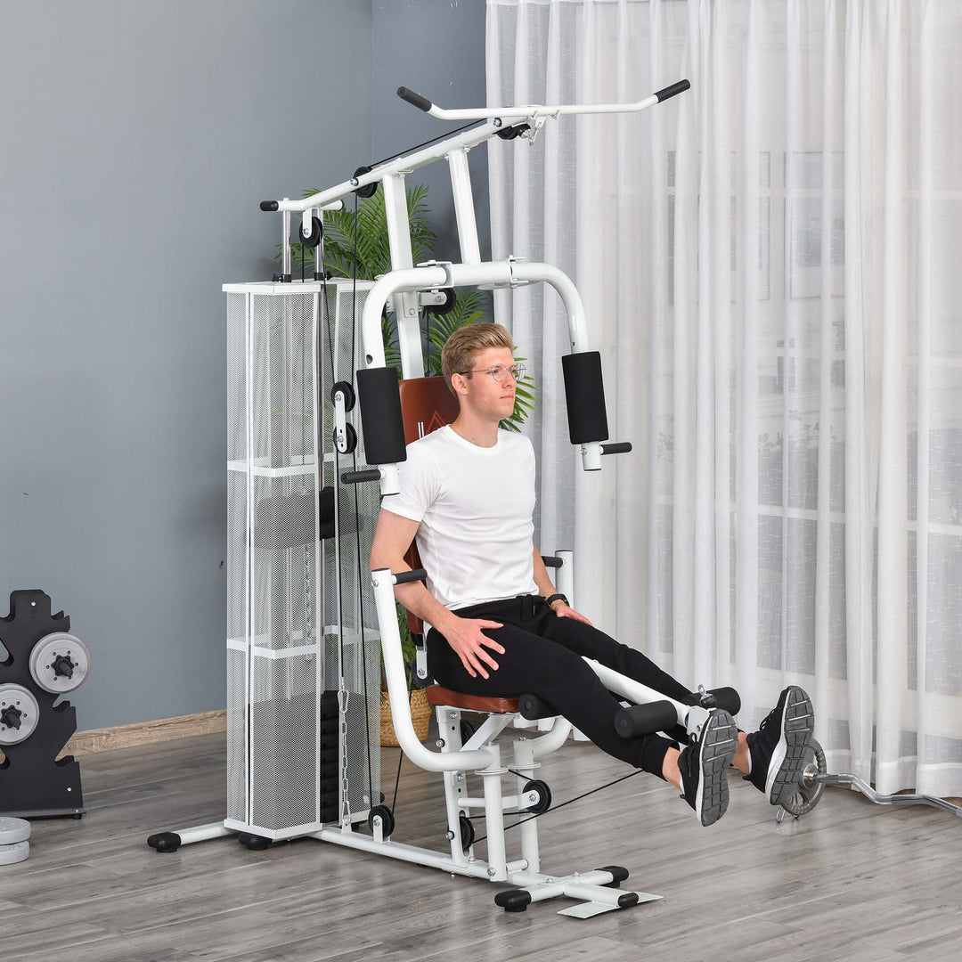 Fitnesscenter, multigym, fitnesscenter, fitnessudstyr inklusive vægte, lat pulldown, benbøjning, metal, PU-læder, hvid, 150 x 110 x 210 cm