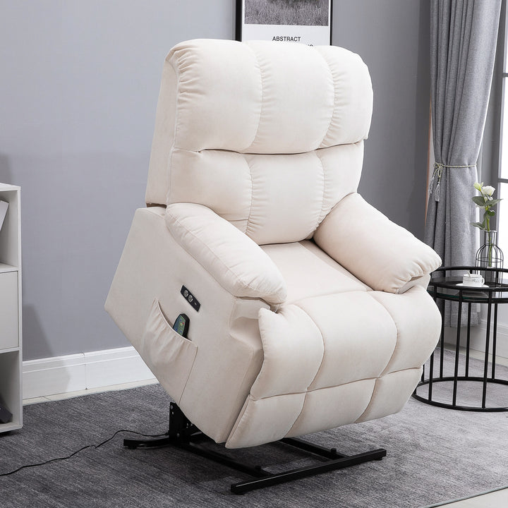 Lænestol med ståstøtte, massagestol, afslappende stol med usb-port, tv-stol med fjernbetjening, sidelomme, lænestol med fløjlslook, beige