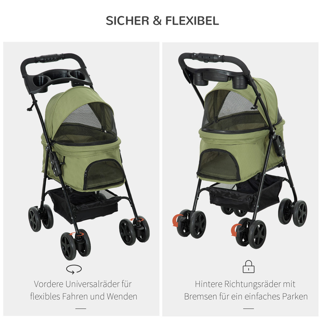 Hundeklapvogn/hundevogn, foldbar, med 2 sikkerhedssnore og 2 kopholdere, 67 x 45 x 96 cm, khaki