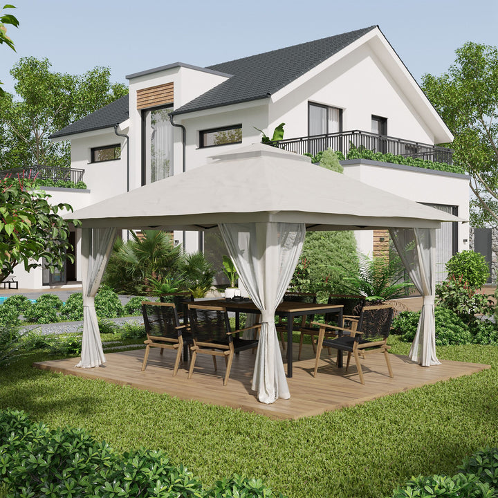 Foldbar pavillon, højdejusterbar, 4 netvægge, ventileret tag, bæretaske, hurtig montering, 4 x 4 x 3 m, cremehvid