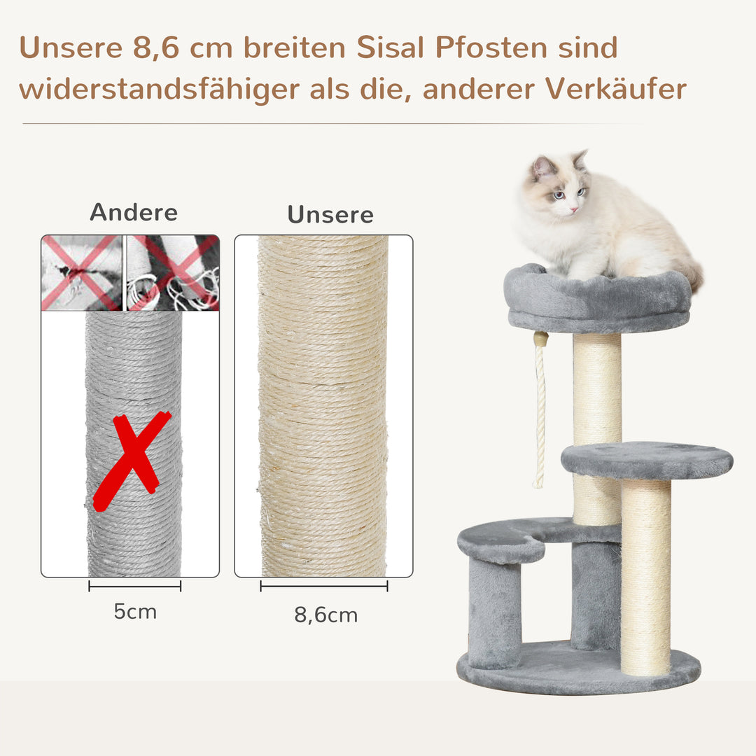 Kradsetræ med hængekøje, 3-lags legetræ med katteseng, sisalstolper, grå 40 x 65 cm