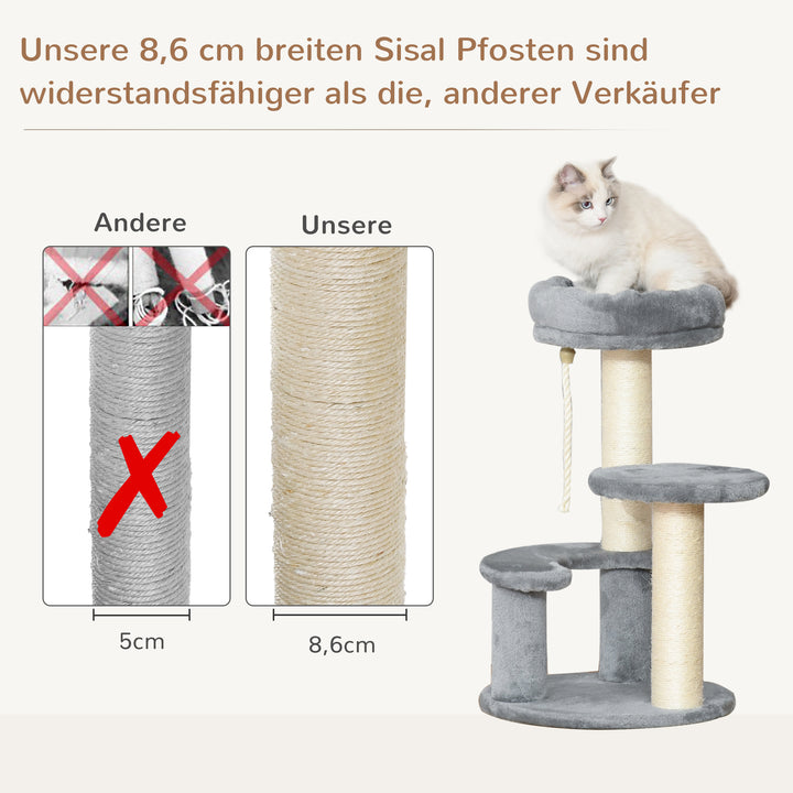 Kradsetræ med hængekøje, 3-lags legetræ med katteseng, sisalstolper, grå 40 x 65 cm