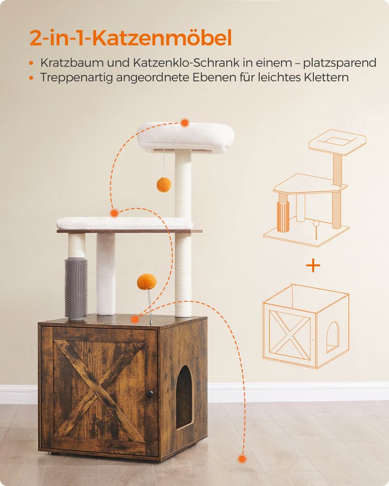 Stilfuldt Katteparadis: Kattetræ med kradsestolpe og hule, vintage brun og creme