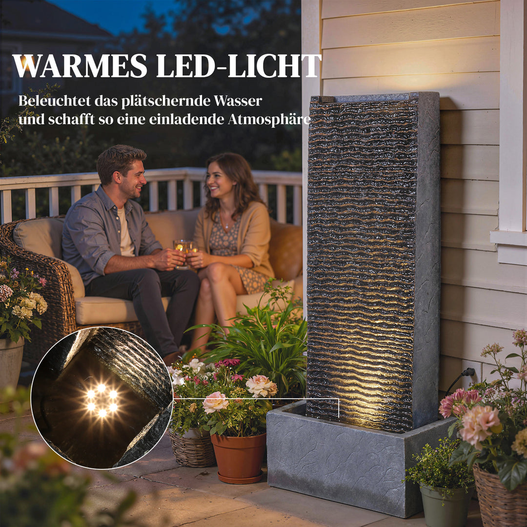 2-etagers havefontæne med LED-belysning og pumpe, granitlook, 37,5 x 22 x 80 cm