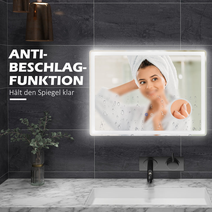 LED-badeværelsesspejl med 3x forstørrelse, touchfunktion, hukommelsesfunktion, antidug, 80 x 60 cm