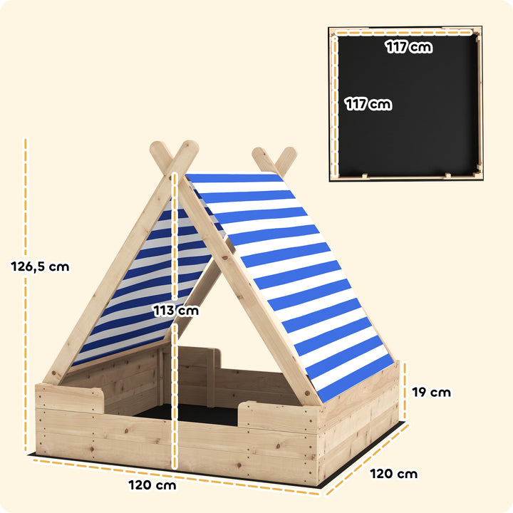 Børnesandkasse med vejrbestandigt telttag, til 3 børn i alderen 3-6 år, 120 x 120 x 126,5 cm