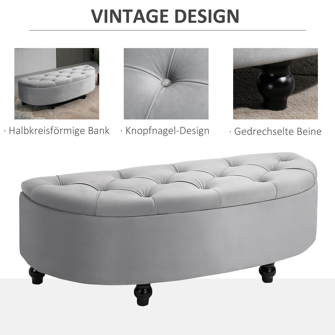 Opbevaringsbænk med fløjlslook, åbent låg, kommode med træben, kommodebænk til stue, entré, soveværelse, 120 x 46 x 42 cm, grå