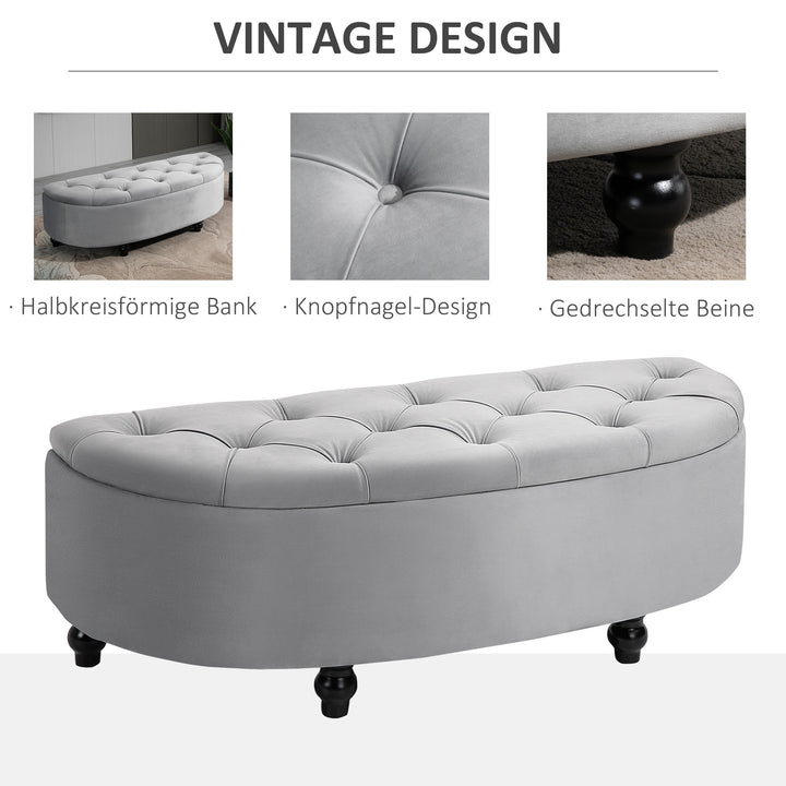 Opbevaringsbænk med fløjlslook, åbent låg, kommode med træben, kommodebænk til stue, entré, soveværelse, 120 x 46 x 42 cm, grå