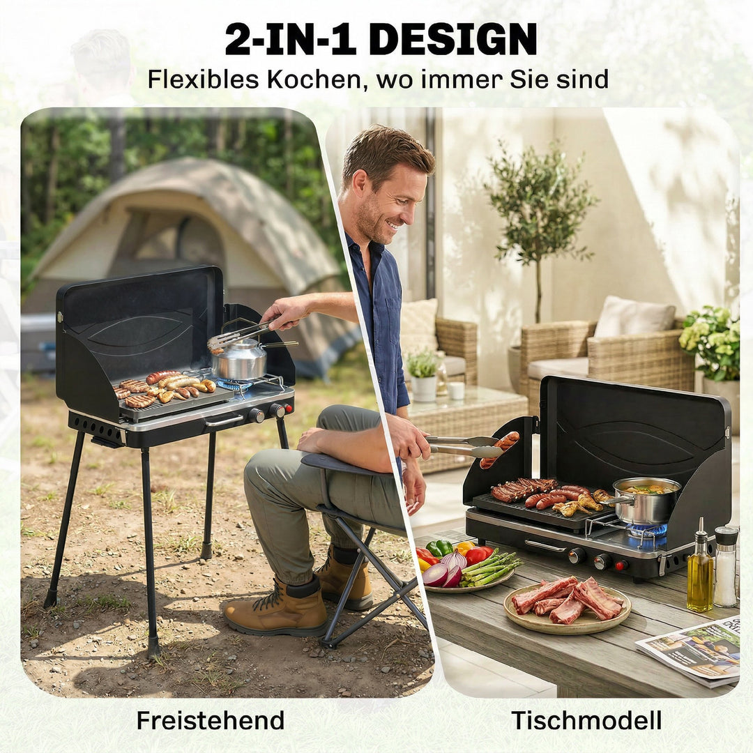 Bærbar gasgrill, 2 brændere, 7 kW, 2-i-1 bordgrill med stegefunktion, foldbare ben, grillrist, vindskærm, låg og låsemekanisme.