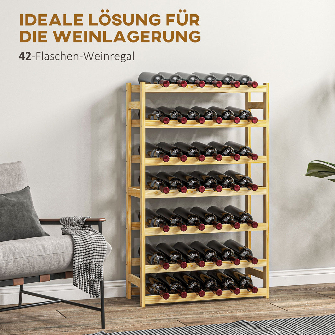Vinreol, 7 hylder, til 42 flasker, anti-tip, fyrretræ, 63x25x102cm, natur