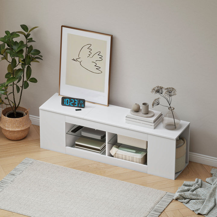 140 cm TV-bord, TV-skab, 6 rum, 2 glashylder, spånplade, hvid