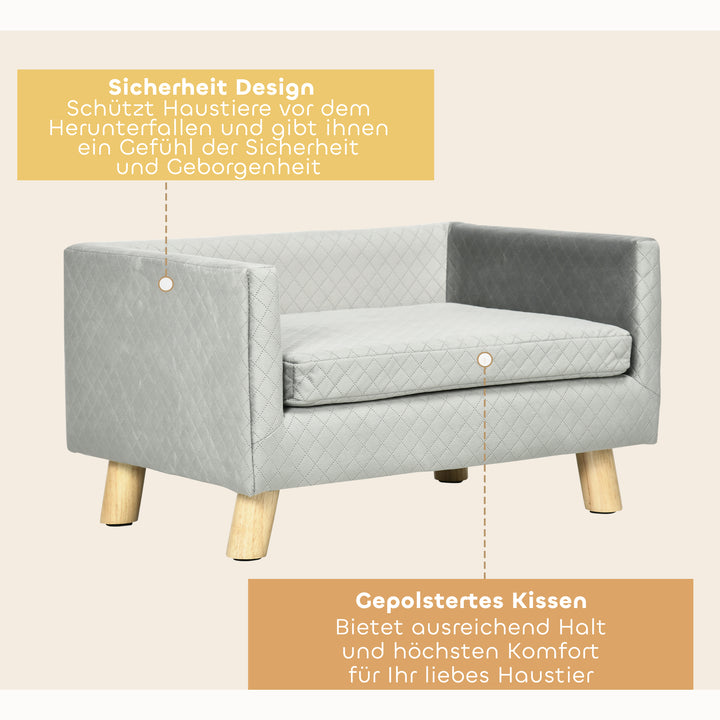 Hundesofa med træben, hundeseng, kæledyrssofa, hundemåtte til små hunde op til 8 kg, fløjlsagtig, grå, 64 x 45 x 36 cm