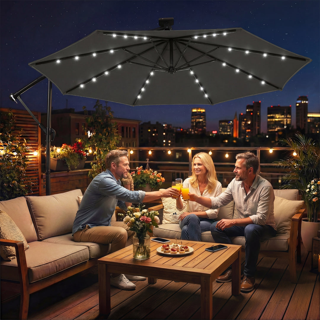 LED solcelledrevet parasol, ca. Ø300 cm, drejelig, med håndsving, beskyttelsesovertræk, mørkegrå
