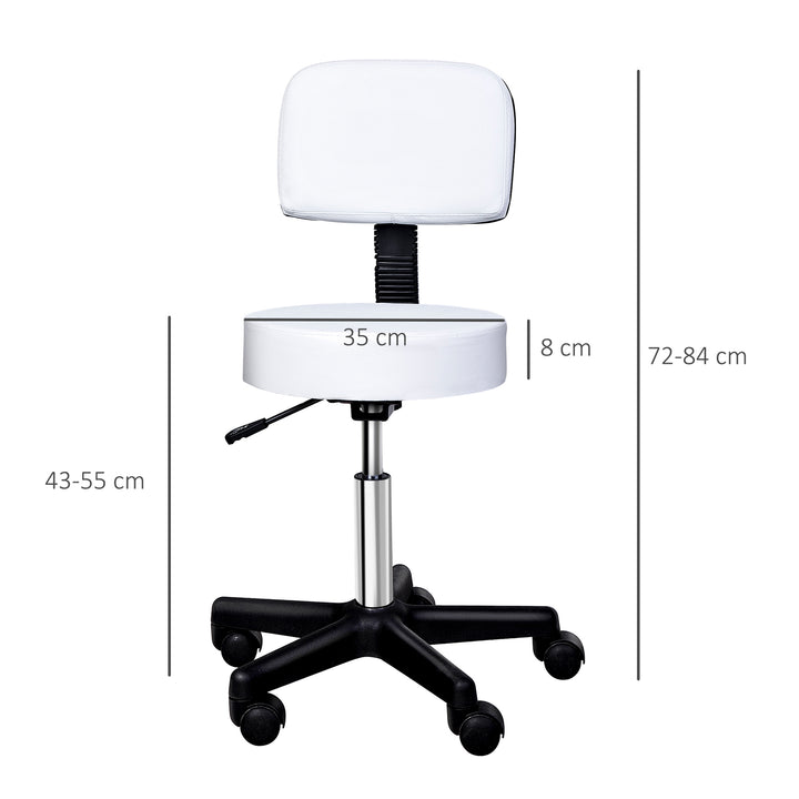 Rullende skammel højdejusterbar arbejdsskammel med ryglæn, roterende salonskammel til massagekontor kunstlæder hvid 35 x 72-84 cm