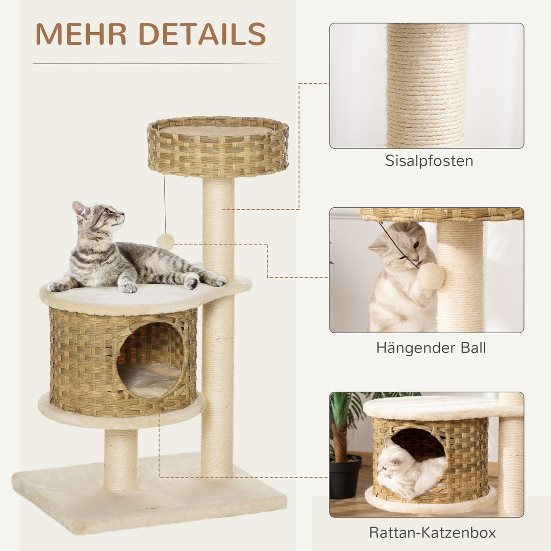 Kradsetræ rattan 95 cm højde 3-lags kradsetræ med platform, katteseng, klatretræ med kattehule sisalstolper legebolde kattemøbler sisal naturlig+beige