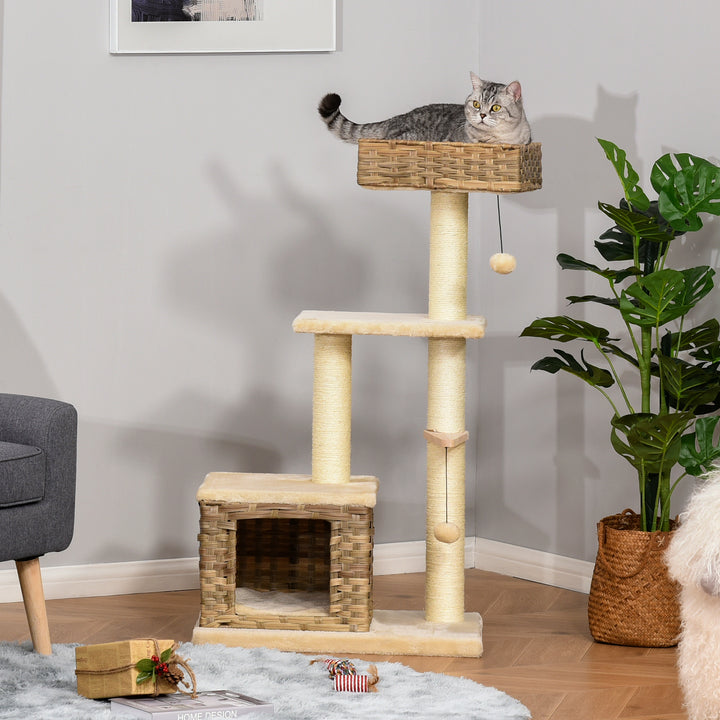 Rattan kradsetræ til katte, kradsetræ til killinger med kattehulebold, sisal, blødt plys, pe, højde 108 cm, brun+beige