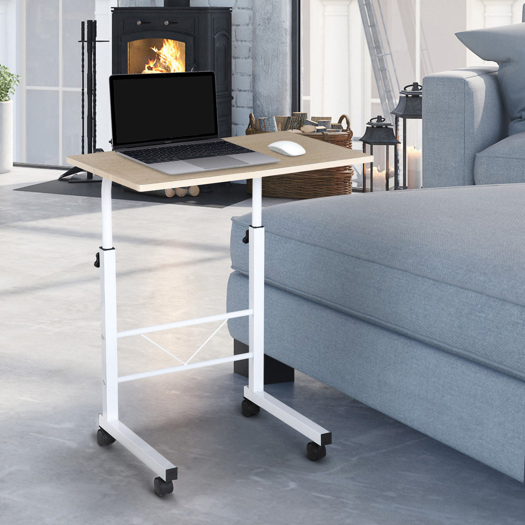 Sidebord højdejusterbart sofabord mobilt endbord med hjul låsebremser c-borde spånplade stål jern plastik hvid ahornfarve 60 x 40 x 68-78 cm