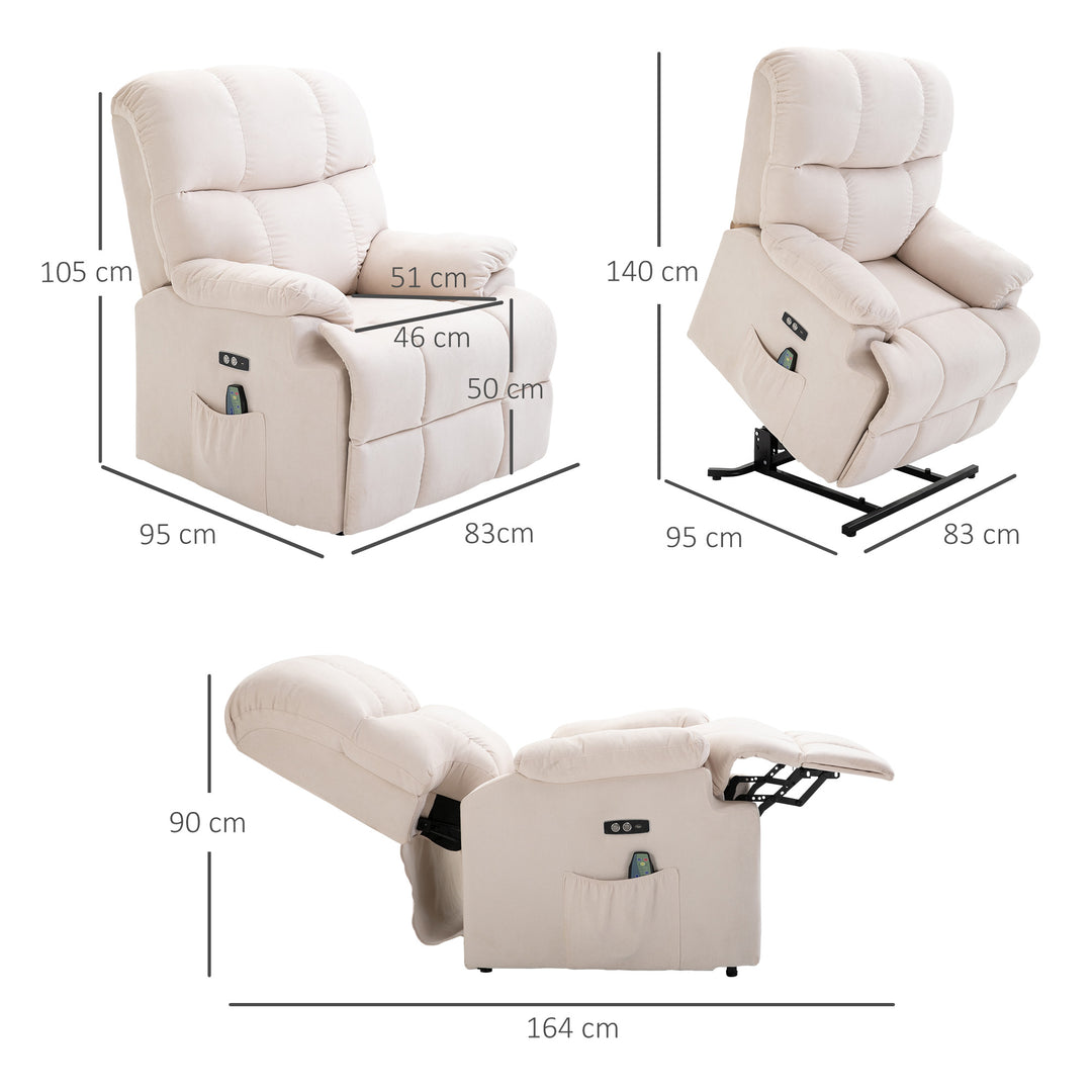 Lænestol med ståstøtte, massagestol, afslappende stol med usb-port, tv-stol med fjernbetjening, sidelomme, lænestol med fløjlslook, beige
