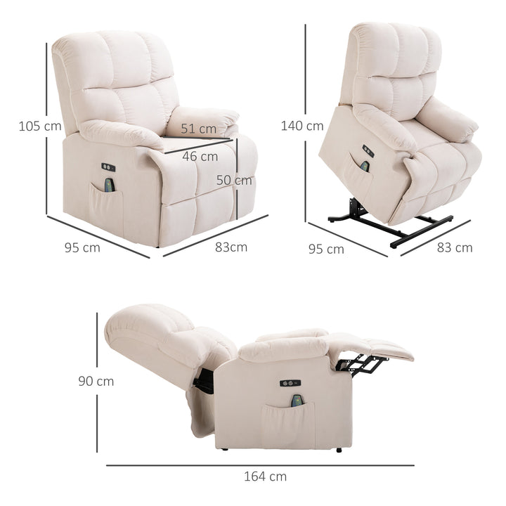 Lænestol med ståstøtte, massagestol, afslappende stol med usb-port, tv-stol med fjernbetjening, sidelomme, lænestol med fløjlslook, beige