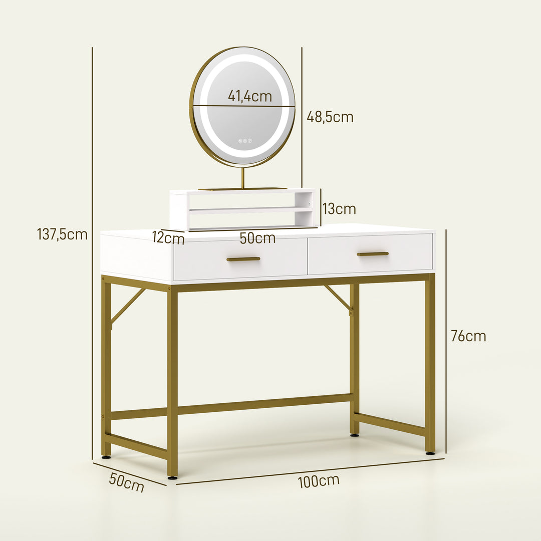 Sminkebord med 360° spejl, led-belysning, 2 skuffer, hvid/guld