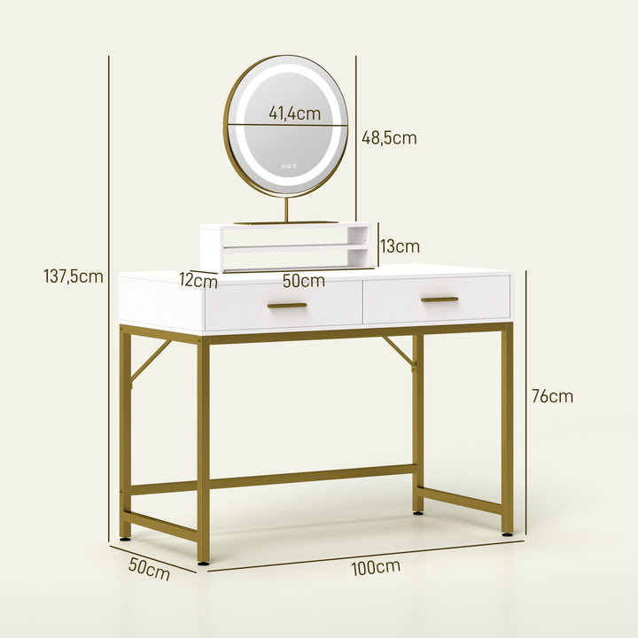 Sminkebord med 360° spejl, led-belysning, 2 skuffer, hvid/guld