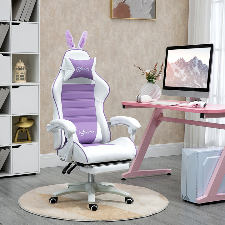 Gamingstol ergonomisk med lændestøtte, fodstøtte, pude med kaninører, lilla