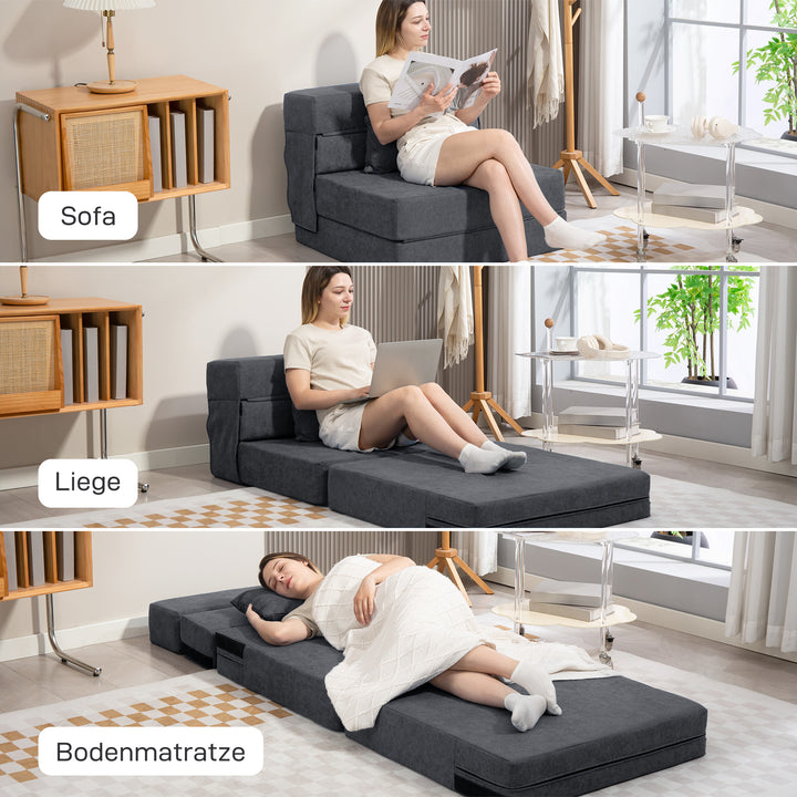 Gulvsofa, polstret, kan omdannes til madras, skum, hynde, mørkegrå