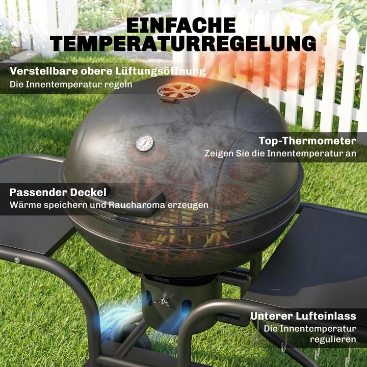 Kulgrill BBQ-ryger med sideborde, låg, termometer og hjul, 129 x 63,5 x 106,5 cm