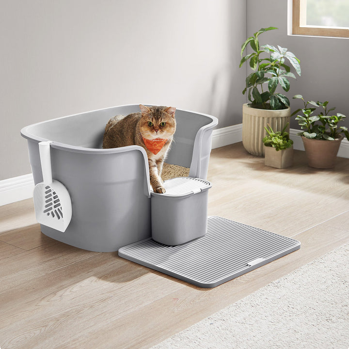 Ekstra stor kattebakke med skjulte sider, inkluderer bakke til opsamling af affald, opbevaringsboks, skovl, grå