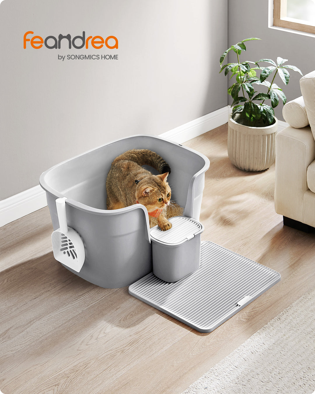 Ekstra stor kattebakke med skjulte sider, inkluderer bakke til opsamling af affald, opbevaringsboks, skovl, grå