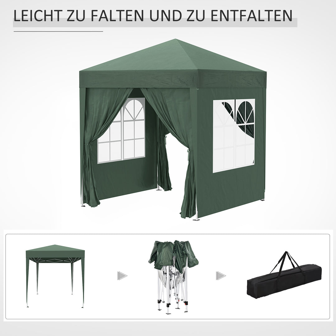 Foldbart pavillon, øltelt, 4 aftagelige sidepaneler, 2 vinduer, metalramme, 2 x 2m, mørkegrøn
