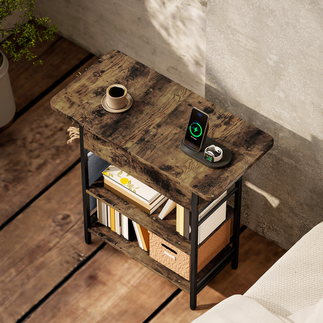 Sidebord natbord med strømskinne, 2 niveauer, usb-porte opbevaringsplads 60 x 29,8 x 58,5 cm rustik brun
