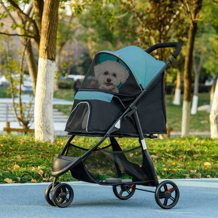 Kæledyrsklapvogn, hundeklapvogn op til 10 kg, foldbar, sikkerhedsline, håndtag, regnslag, opbevaringskurv, blå + sort