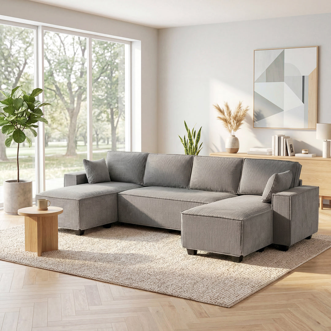 Hjørnesofa med dobbelt chaiselong, U-formet sofa i corduroystof med bredt og dybt sæde, hynder med fjederkerne, lysegrå