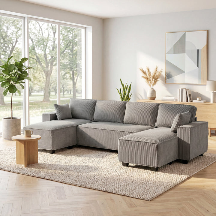 Hjørnesofa med dobbelt chaiselong, U-formet sofa i corduroystof med bredt og dybt sæde, hynder med fjederkerne, lysegrå