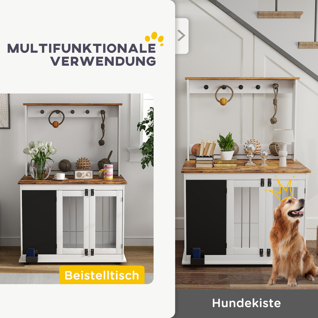 Hundebur med legetøjsopbevaringshylde, snorkrog, skrivetavle, viskelæder, til store hunde, hvid