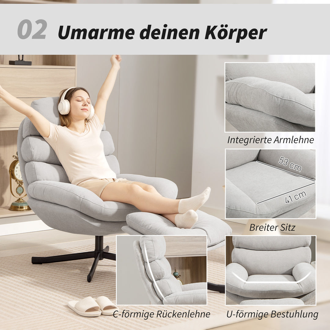 Lænestol med fodskammel, loungestol med chenillestof, moderne TV-stol, 78 x 93 x 100 cm, cremehvid