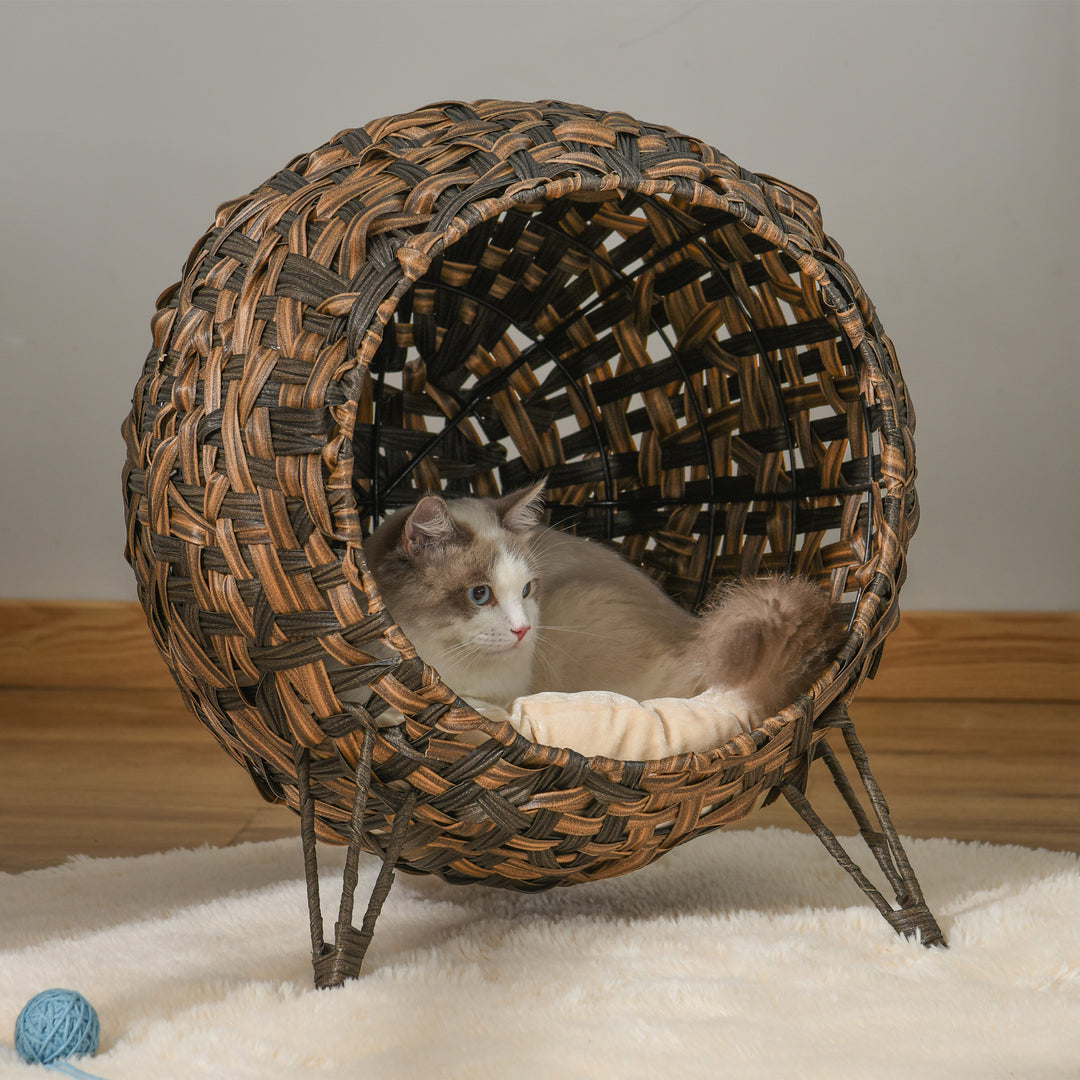 Rattan kattehus med hynde katte soveplads kattehule med hævede fødder brun 52 x 58 cm
