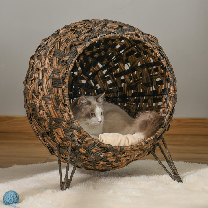 Rattan kattehus med hynde katte soveplads kattehule med hævede fødder brun 52 x 58 cm