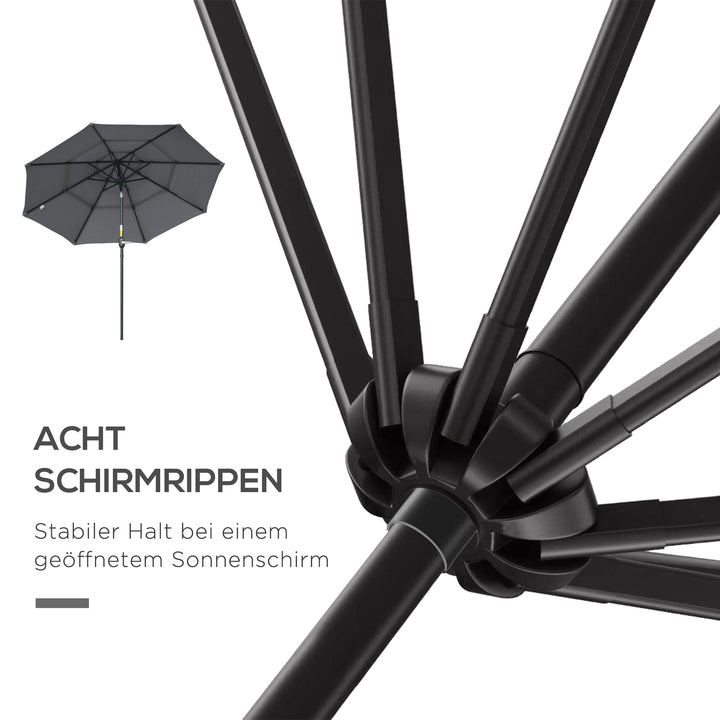 Parasol med 3-lags baldakin håndsving terrasseparasol drejelig markedsparasol 8 ribber haveparasol med solbeskyttelse, 2,6 m, stål, polyester, mørkegrå