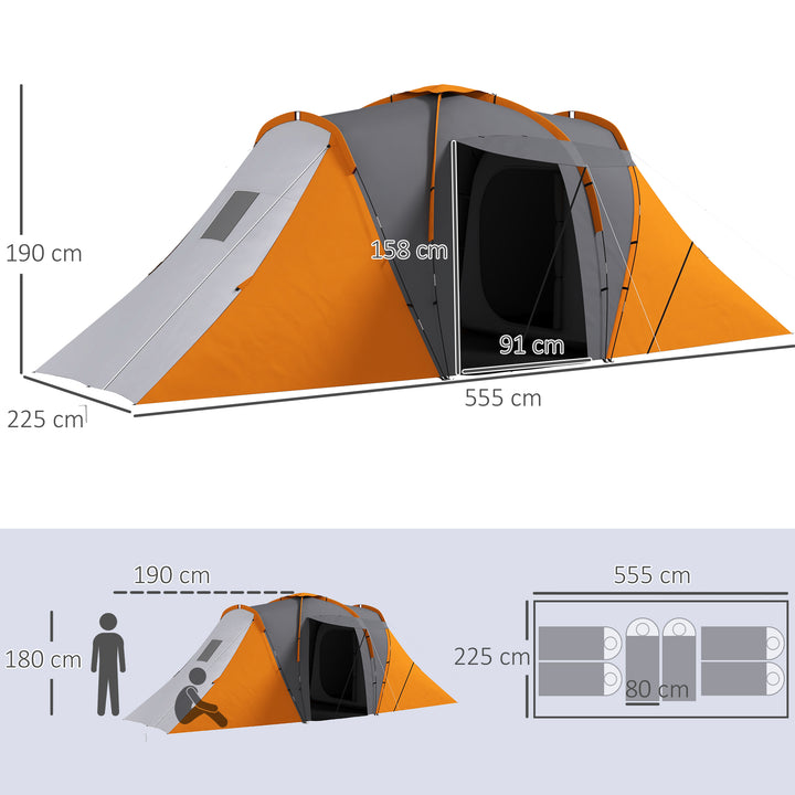 Tunneltelt, 2000 mm vandafvisende campingtelt til 4-6 personer, med 2 soveværelser, opholdsstue, bæretaske, grå+orange