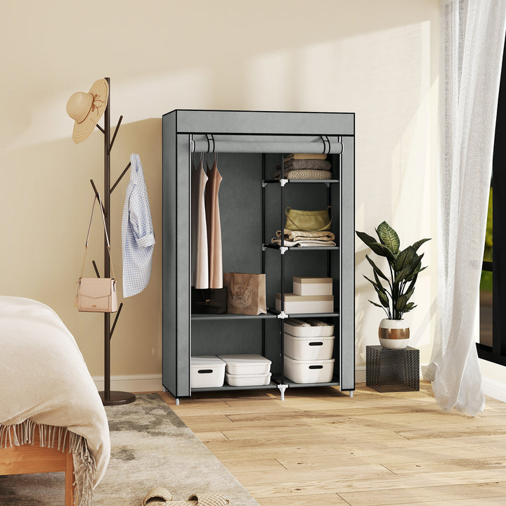 Stofgarderobe, opbevaringsløsning, 6 hylder, 1 garderobestang, lysegrå