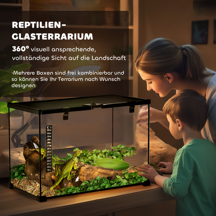 Terrarium til krybdyr, foderkasse til krybdyr, glasterrarium, padder, spindlere med termometer, krybdyravlskasse, metal, sort 50 x 30 x 35 cm