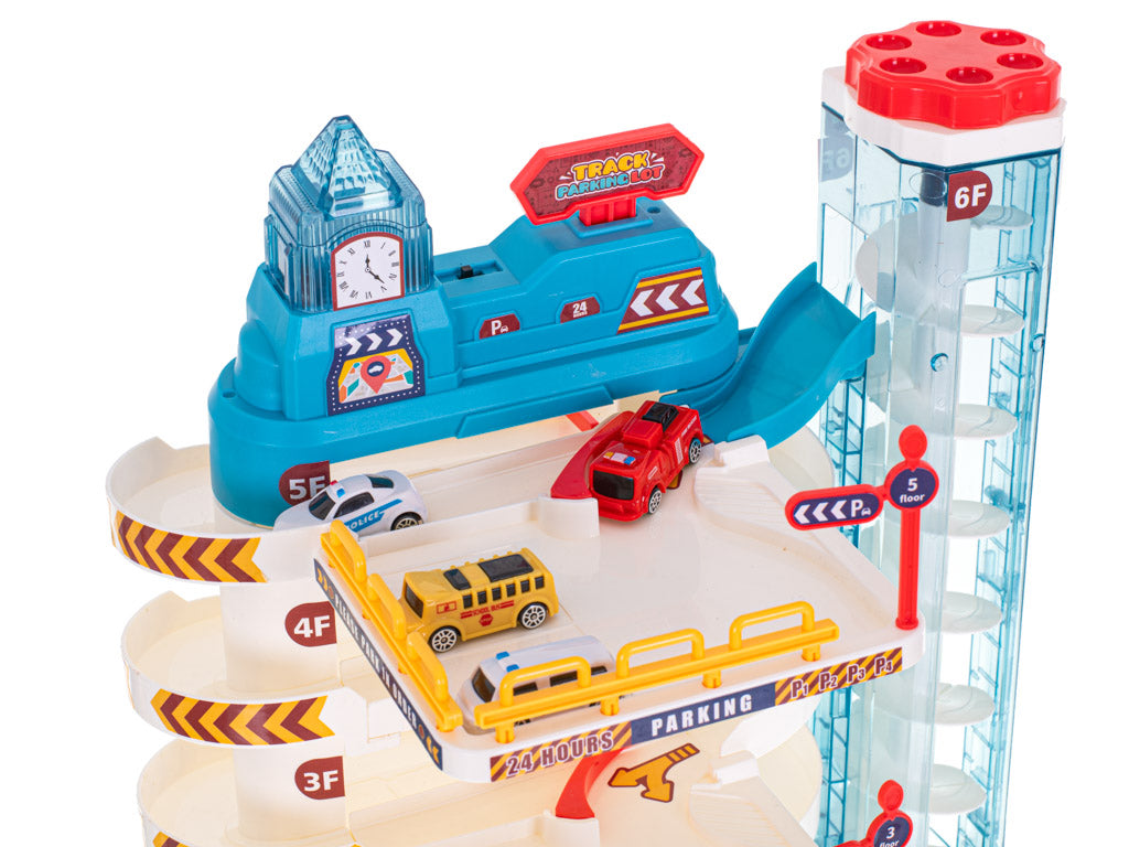 Parkeringshus med 5 etager, elektrisk elevator + måtte + 8 biler